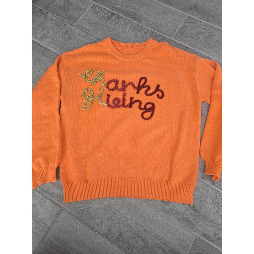 Womens Orange Thanksgiving Crewneck‎ Sweater Glitter Fall Holiday Pullover Large